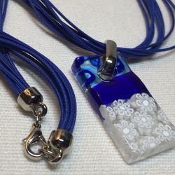 Royal Blue, Clear With White Flowers  Millefiori Rectangle Glass Pendant Very Pretty Colors