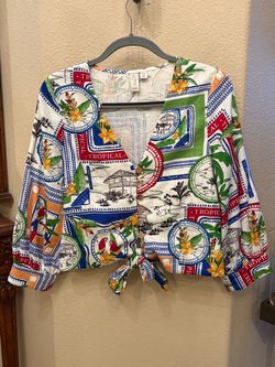 Joie Multicolor Fun Tropical Print Tie-Front Vacation Linen Top Size Medium