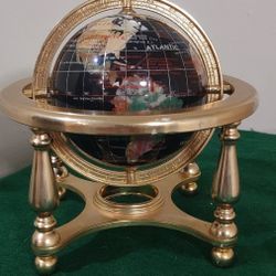 Vintage Rotating Lapislazuli Globe with Semiprecious Gemstones in Brass Compas Stand, not compass at the bottom.