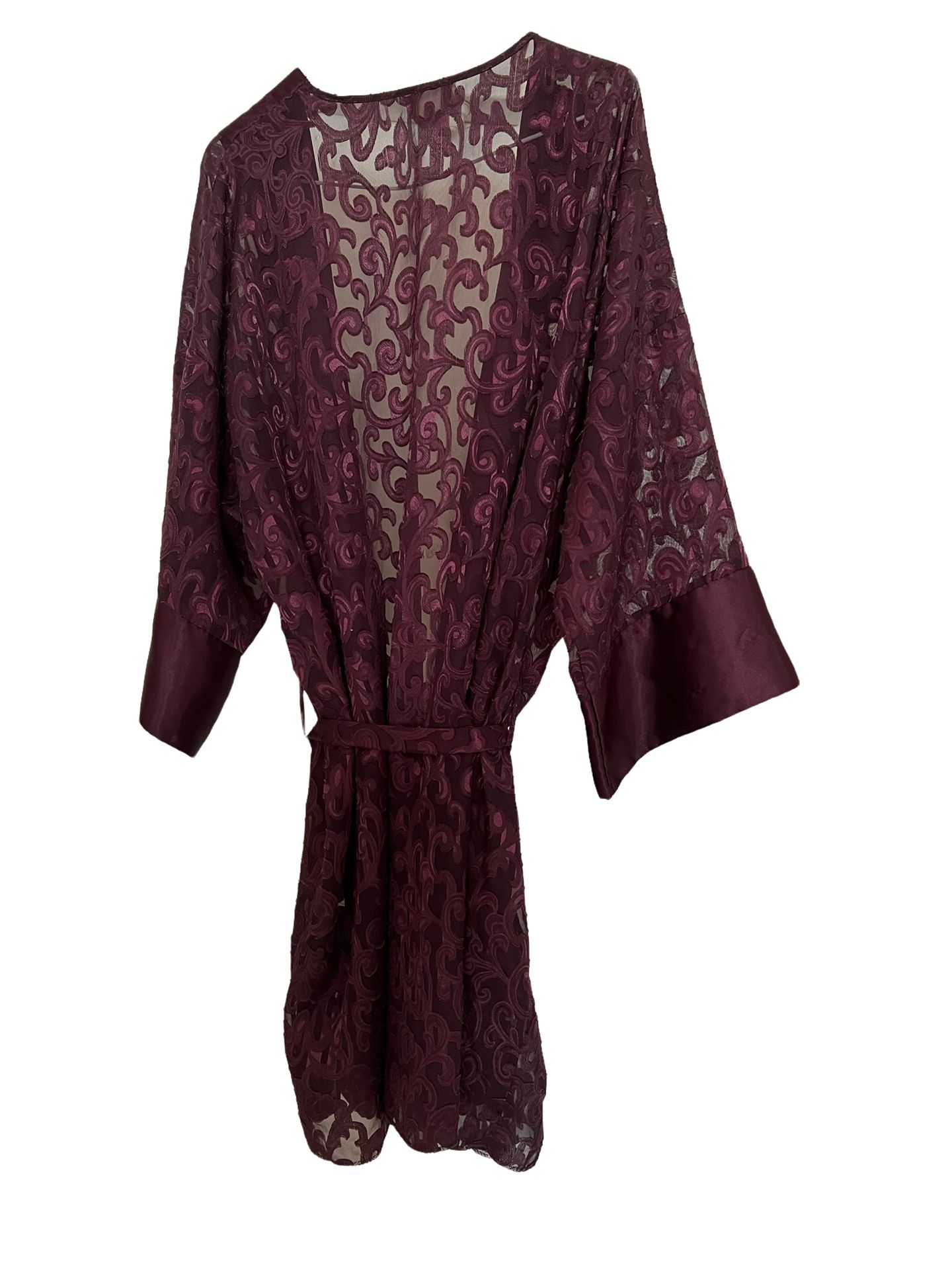 Vintage Inner Most X-Large Kimono Robe Purple Burgundy Lace See Thru Filligree.  satin and Polyester knee length Pet and Smoke Free household. Very cu