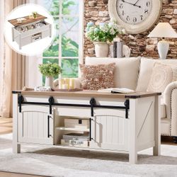 Lift Top Coffee Table, Farmhouse 48" Center Table w/ Lifting Platform, Hidden Storage Room, Adjustable Partition, & Arched Sliding Door