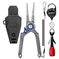 SAMSFX Fishing Pliers, Muti-Function Fly Fishing Tools, 8" Saltwater Resistant Gear Hook Remover Split Ring Tungsten Cutters, with Lanyard & Sheath