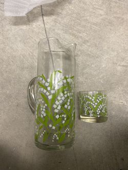 Antique set - pitcher and 6 matching glasses - lily of the valley