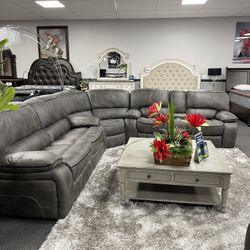 Gray Microfabric Sofa Sectional W/ 4x Recliners