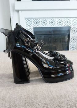 Women's Gothic Lolita Black Chunky Platform Strappy Bow Heels Star Buckles Sz 9