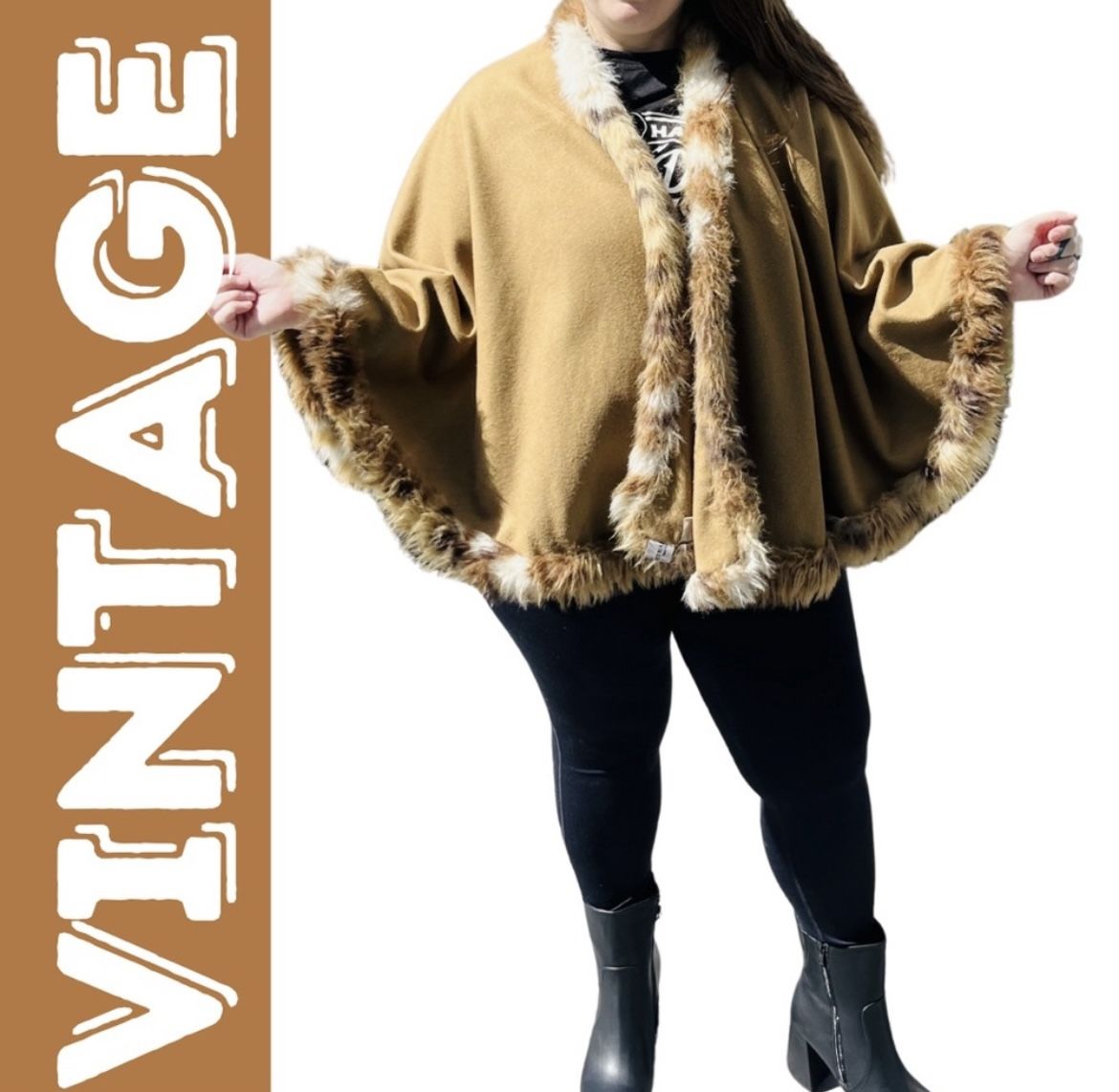 Authentic 1980s Vintage Brown Faux Fur Coat Cape