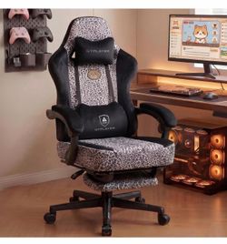 Gaming Chair with Leopard Print Cat, Cute Velvet Fabric Ergonomic Office Chair with Footrest Headrest and Lumbar Support, Big and Tall Comfortable Vid