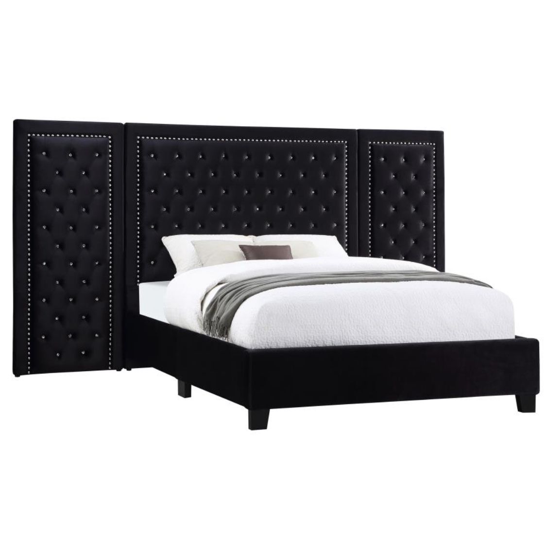 This Gorgeous Black Velvet Bed With Wall Panels Come In Sizes Queen $640 Eastern King And Cal King $740 With Nailhead Trim & Tufted In Faux Crystals