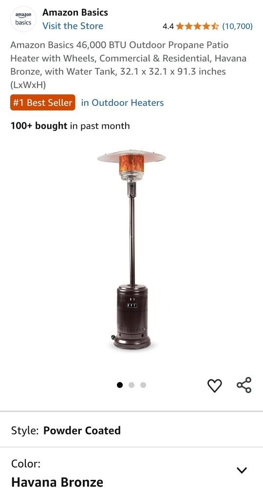 Amazon Basics 46,000 BTU Outdoor Propane Patio Heater with Wheels, Commercial & Residential, Havana Bronze, with Water Tank, 32.1 x 32.1 x 91.3 inches