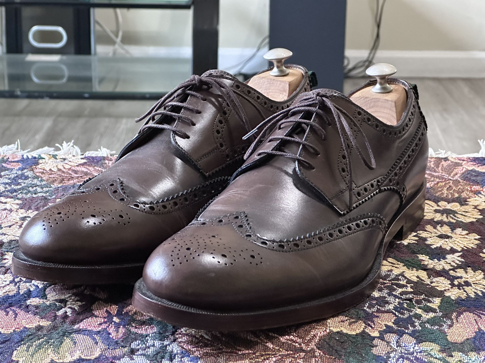 Gucci Signature Stripe Wingtip Brown Leather Men’s Brogue Oxfords Shoes Size 11 US