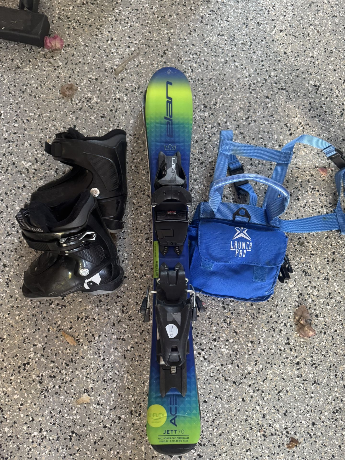Kids Skis (70), Boots (15.5), Bindings & Ski Backpack Harness