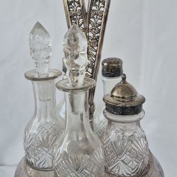 Antique Victorian Silver Plated Rotating Cruet Castor Cut Glass Tableware Service Set