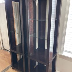 2x Tall Brown Wooden Bookshelves With Glass Shelves