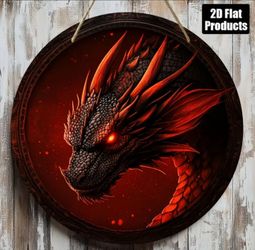 🐉"Crimson Fire Dragon Round Wooden Wall Plaque – Glowing Eye Fantasy Art Sign"