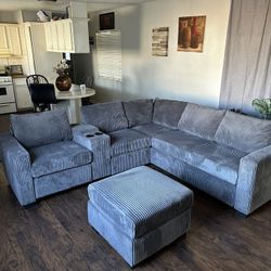 Corduroy Sectional.   4-Piece Sectional Set W/ Ottoman Reversible Loveseat + Reversible Loveseat W/USB Console & Cup Holders + Corner Wedge + Cocktail