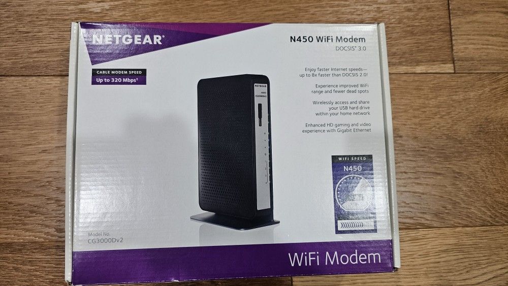 Netgear WiFi Cable Modem N450 DOCSIS 3.0 Model CG3000Dv2 with Gigabit Ports