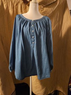Faded Glory Womens XXL 20 Chambray Blouse Light Wash Denim Look Peasant Top