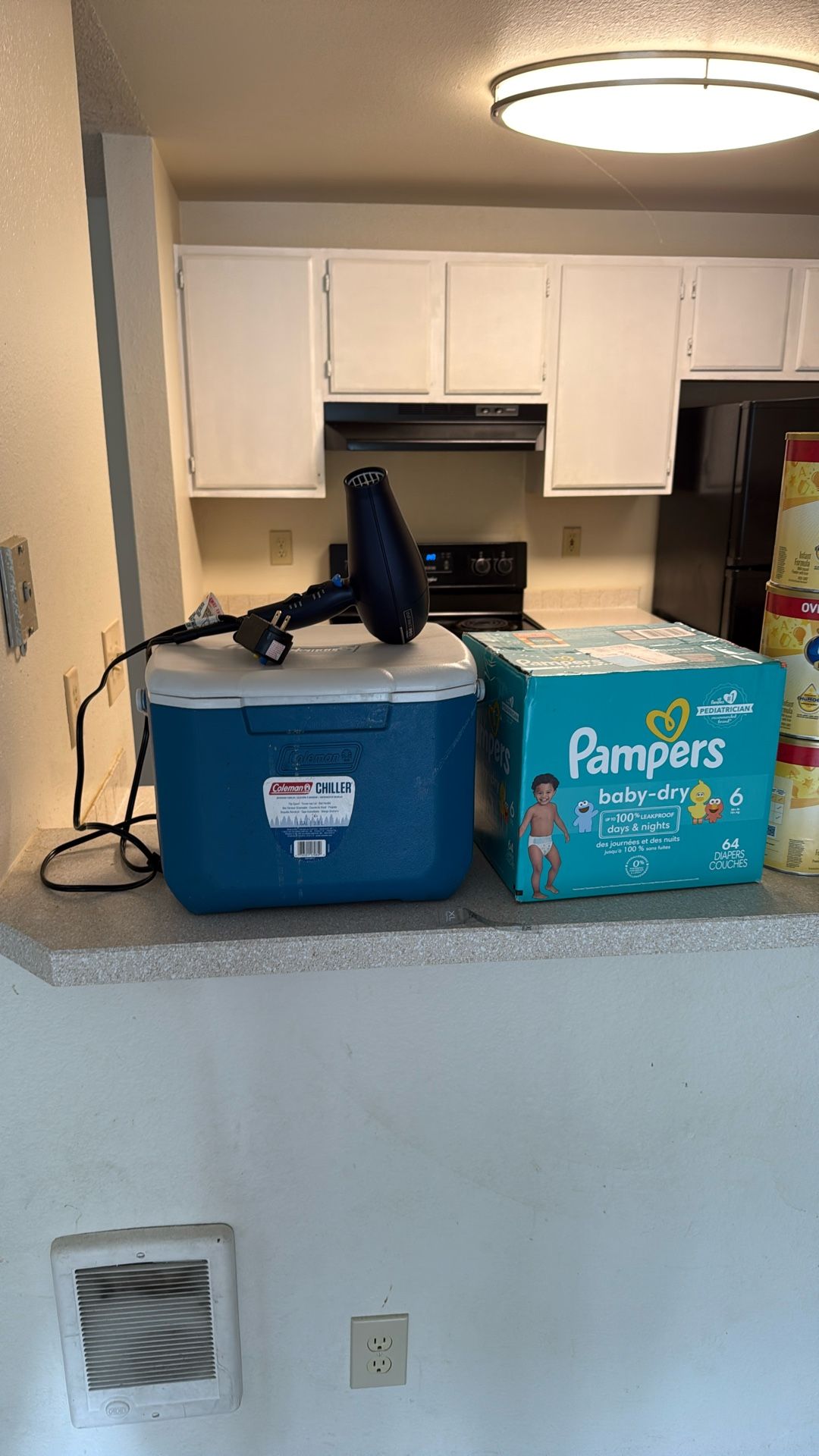 Baby Formula, Pampers, Cooler, Hair Dryer
