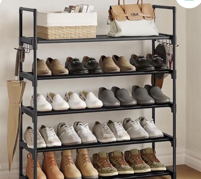 5 Tiers Black Shoe Rack Shoe Organizer Shoe Storage for Closet for Entryway 20-25 Pairs with Hooks Metal Pipes Plastic Connectors
