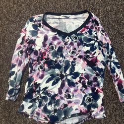 Liz Claiborne Floral V-Neck Blouse - Pink and Blue