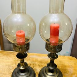 Vintage Antique Brass Pedestal Candle Lamp With Hurricane Shade