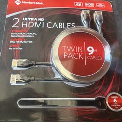 Two Pack Ultra HD 9 Feet HDMI Cables With Ties 