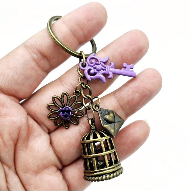 Handmade Caged Bird Birdcage Love Letter Purple Key Flower Charms Keychain