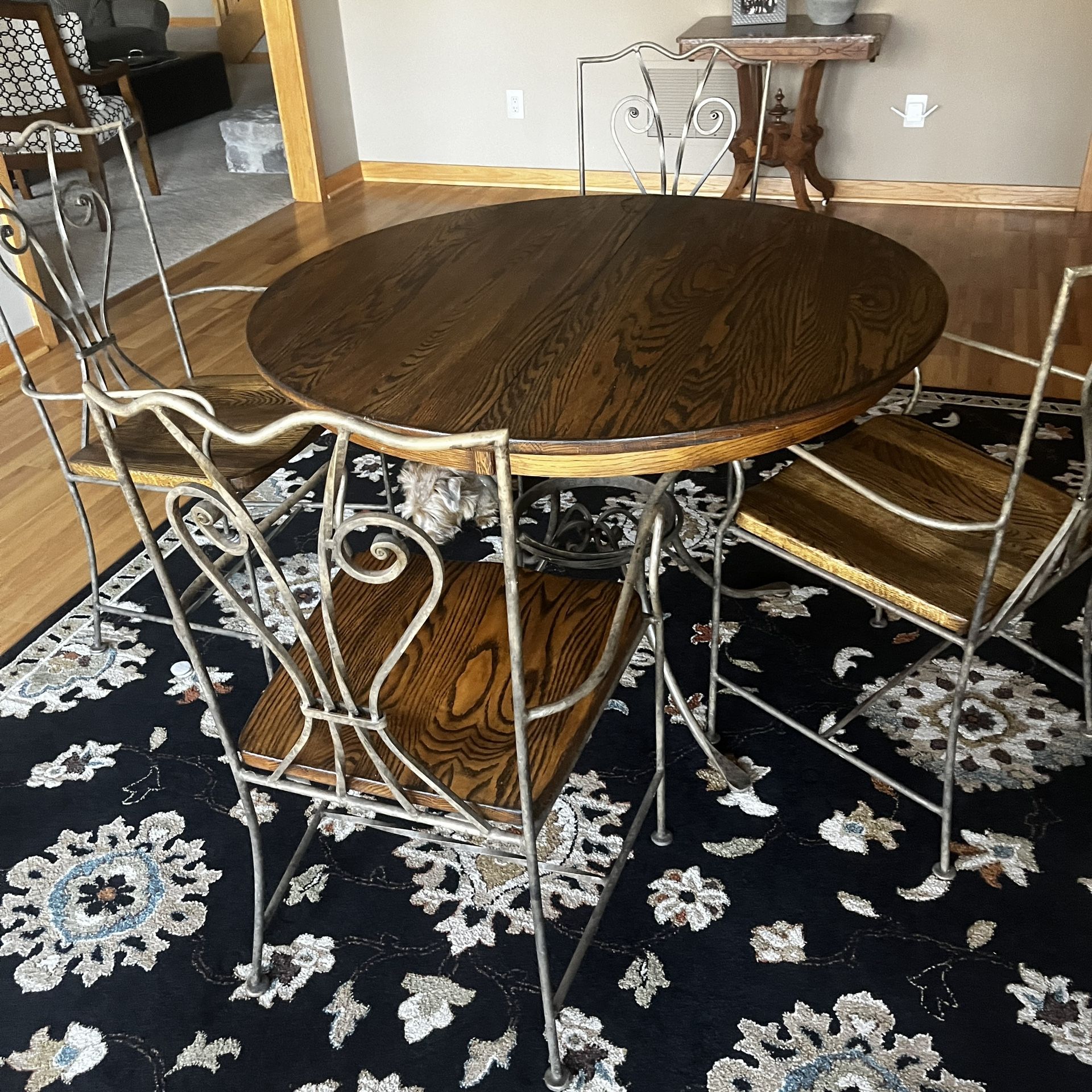 Moving Sale, Solid Oak Round Table With Form Iron Chairs