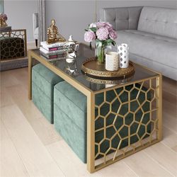 Cosmopolitan Juliette Glam Glass Top Coffee Table with 2 Ottomans