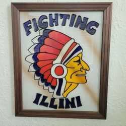 Vtg Painted on Plexiglas Chief Illiniwek Fighting Illini University of ILL 22x18"