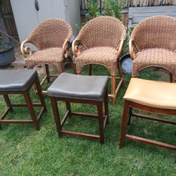 3 Wicker Chairs and 3 Bar Stools