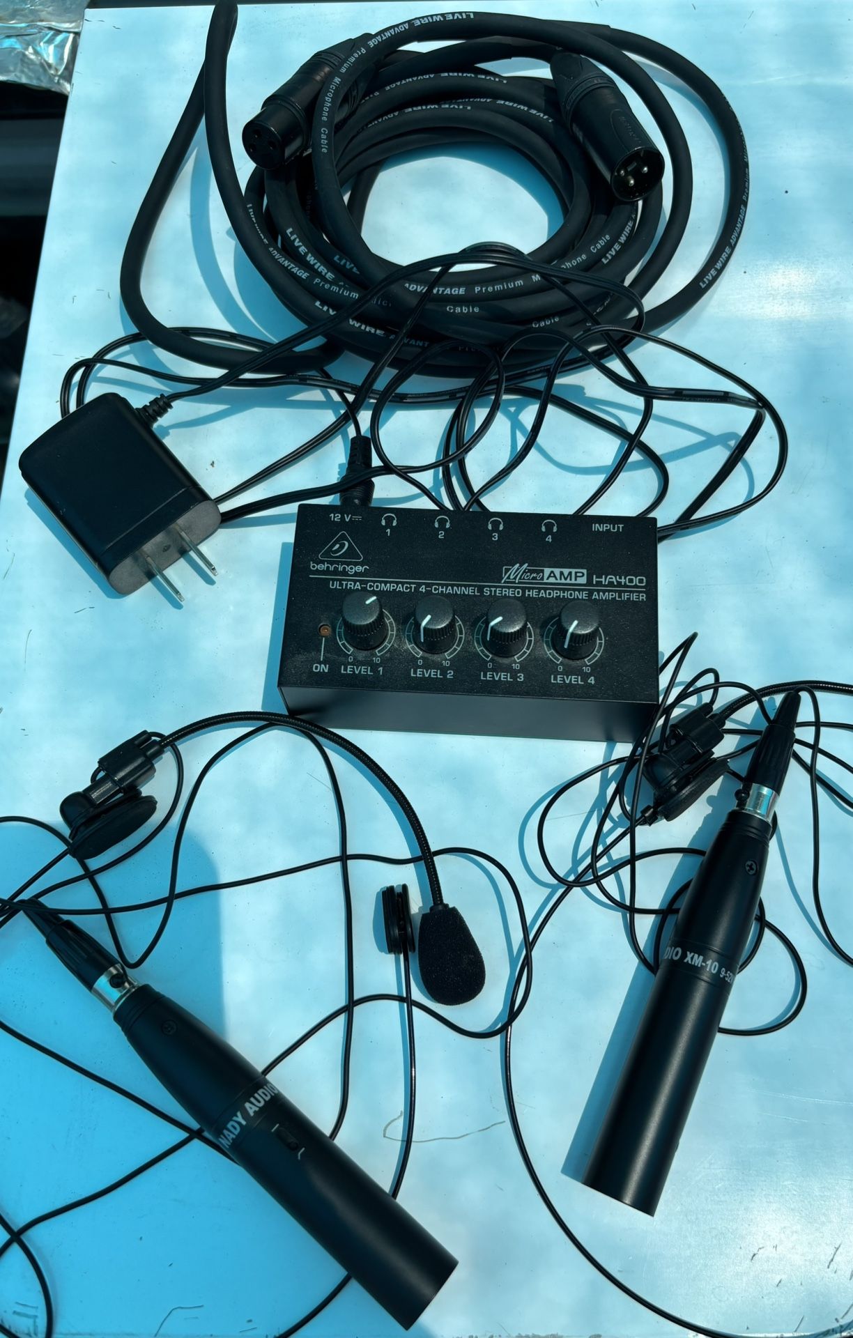 Behringer Micro Amp HA400, 2 Nady Audio XM10 Headsets, Live Wire Advantage Premium Microphone Cable