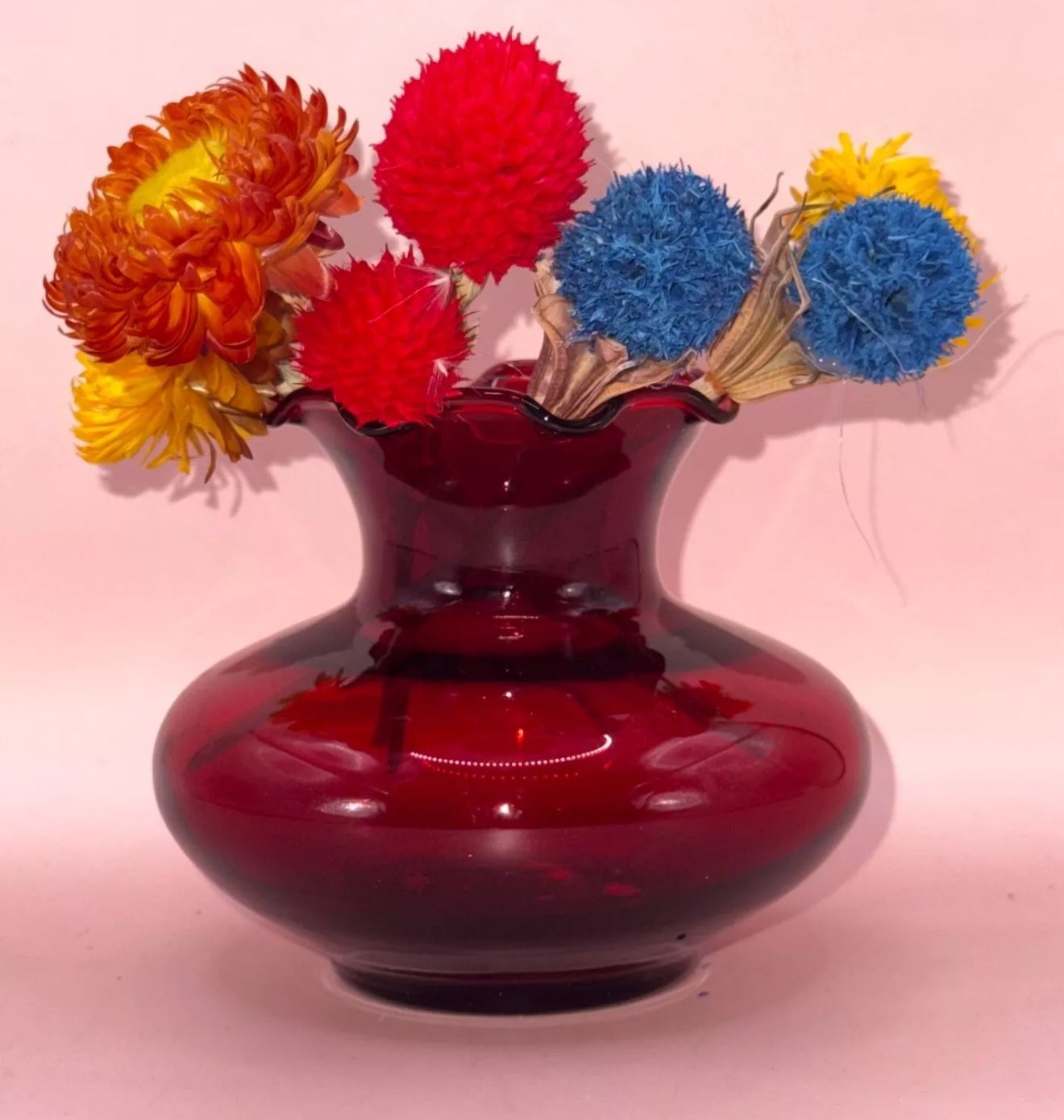 Vintage Anchor Hocking Royal Ruby Depression Glass Ruffled Edge Small Vase