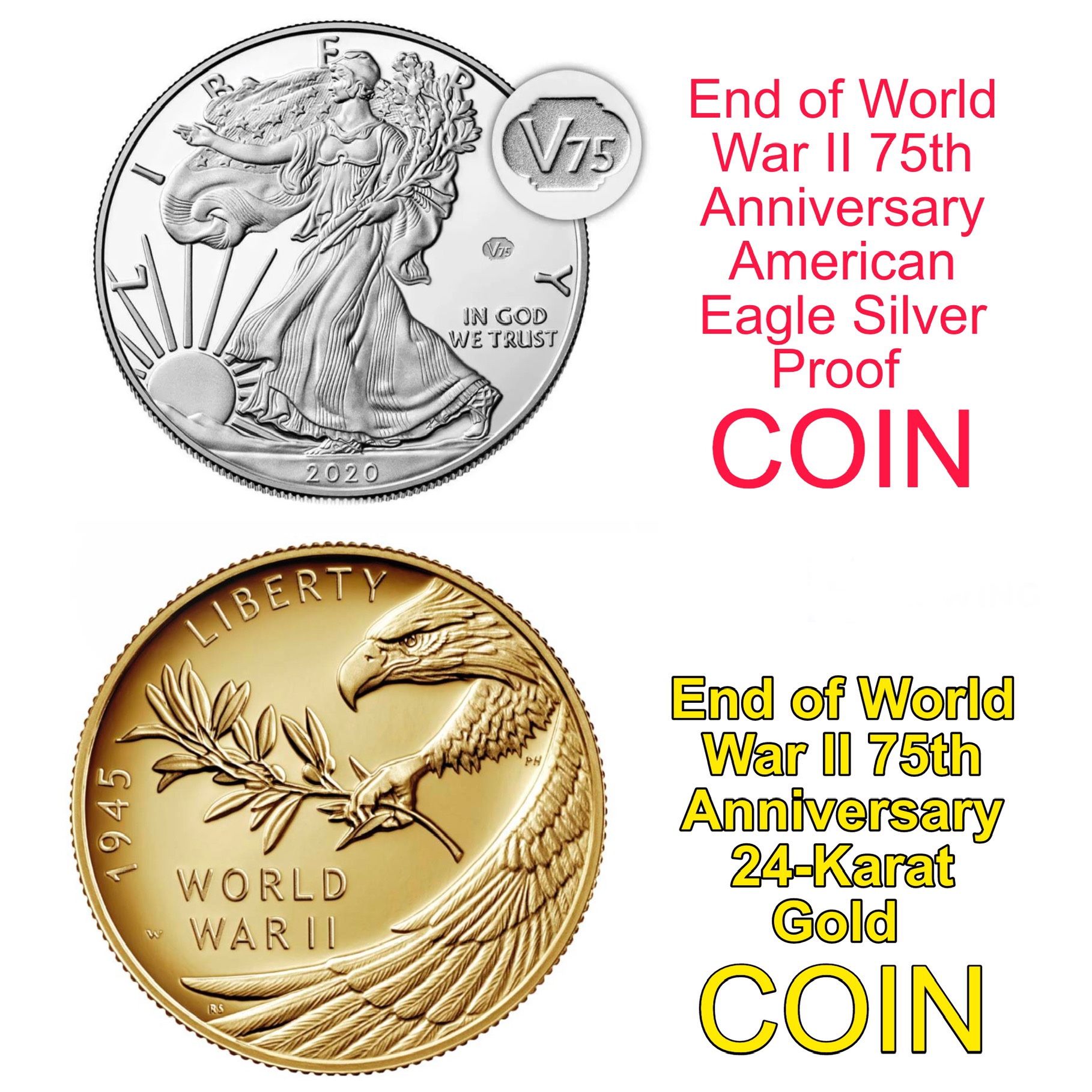2020 End of of World War 2 75th Anniversary Sliver Eagle Proof v75 privy + 24 karat Gold Coin
