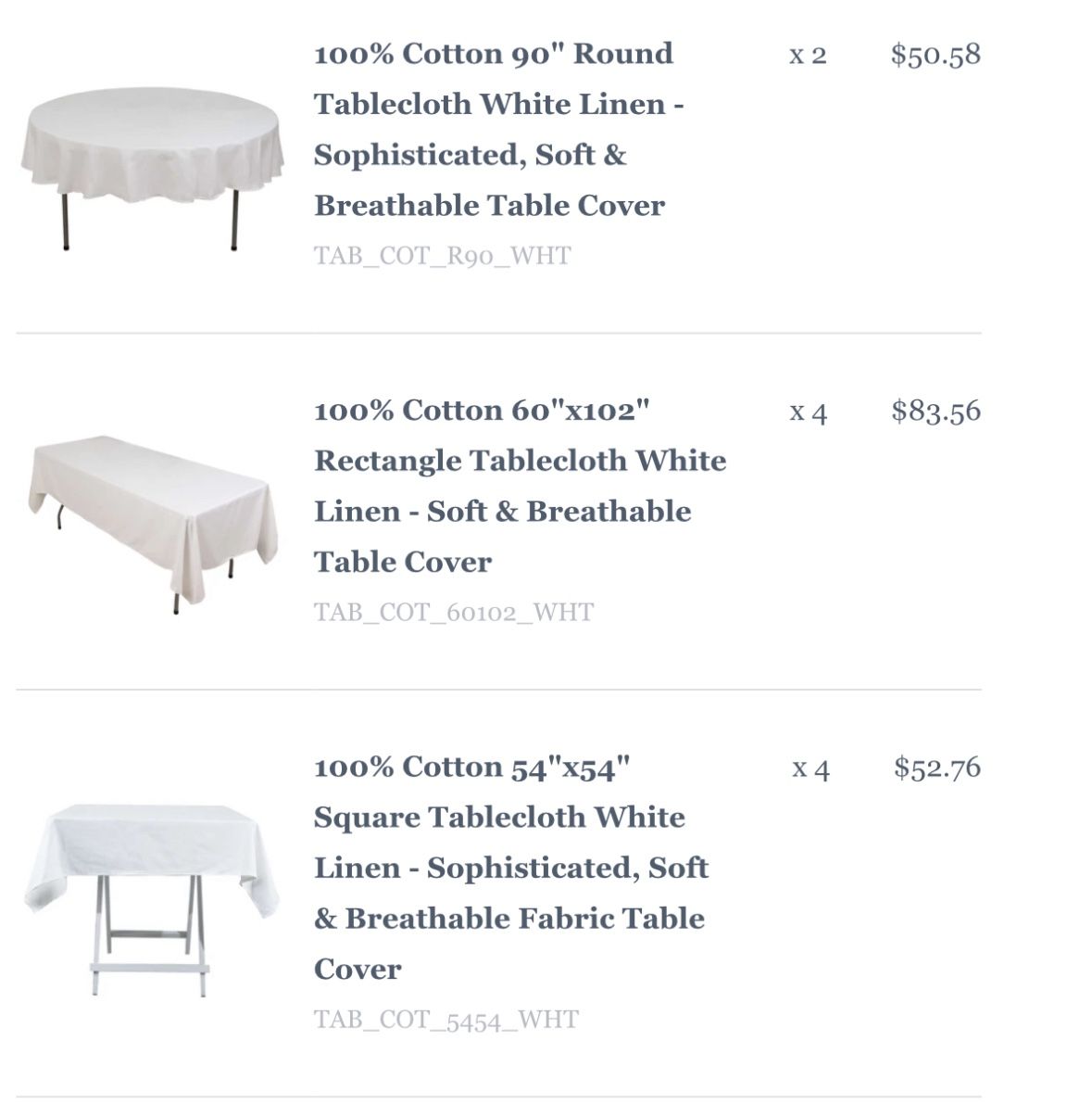 White Table Cloths Various Sizes