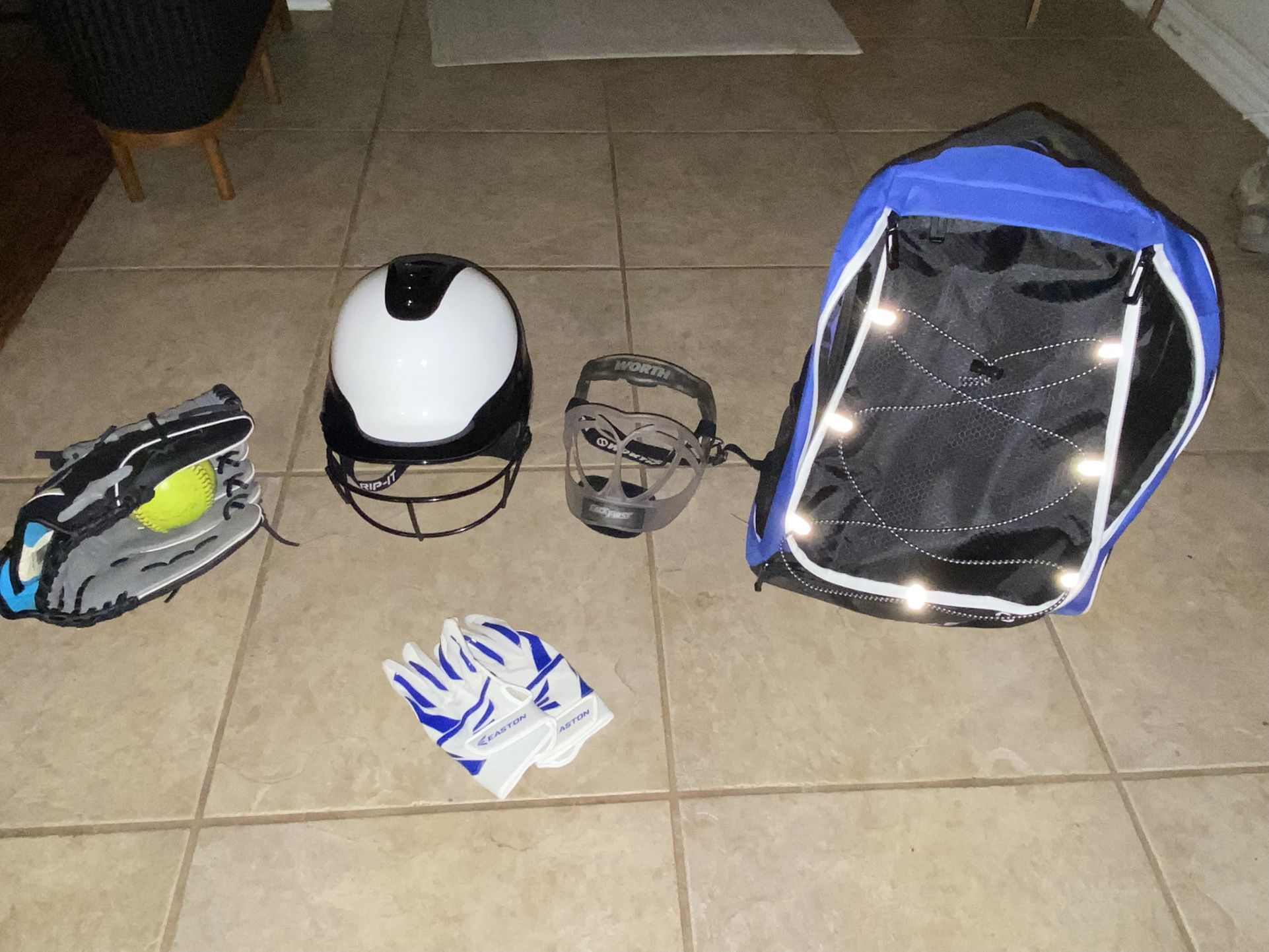 Softball Glove, Softball Batting Helmet, Batting Gloves, Face Guard, Bat Bag