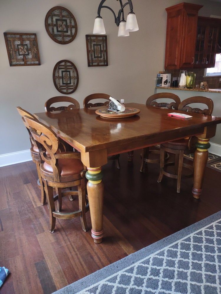 Solid Wood Highboy Table With 6 Highboy Swivel Chairs. All In Good Shape