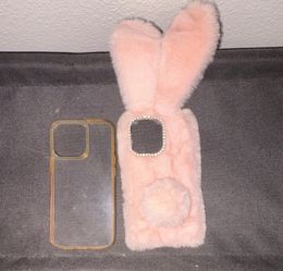 2 iPhone 13 Pro Cases: Clear Bumper + Pink Fuzzy Bunny Rhinestone