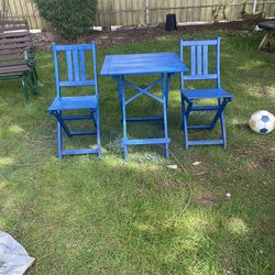 Nice blue wood patio table with 2 chairs
