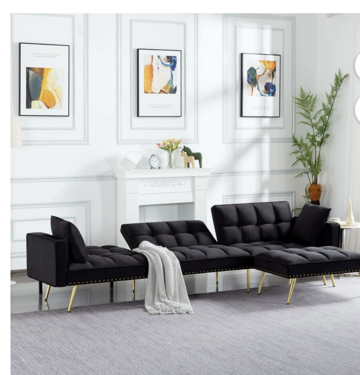 BSHTI Full Size Sectional Sleeper Sofa,Split Back,Black Velvet Upholstery,Reversible Ottoman,Convertible Sofa Bed,Perfect for Home,Office,and Guest Ro