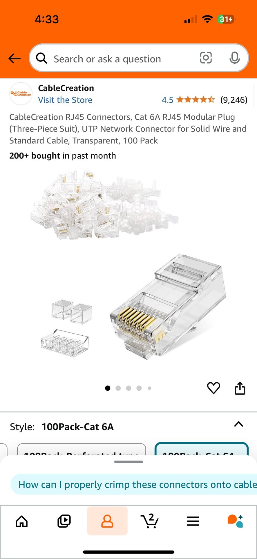 CableCreation RJ45 Connectors, Cat 6A RJ45 Modular Plug (Three-Piece Suit), UTP Network Connector for Solid Wire and Standard Cable, Transparent, 100
