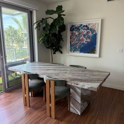 Crate and Barrel Gustav 92” Marble Dining Table and Ceremonie Green Mohair Dining Chairs