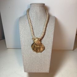 Vintage Signed Gay Boyer Gold plated Scallop Shell Pendant With Silk Cord Necklace