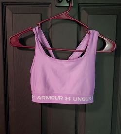 UNDER ARMOUR PURPLE SIZE S COMPRESSION SPORTS BRA, CROSSED BACK STRAPS RACERBACK