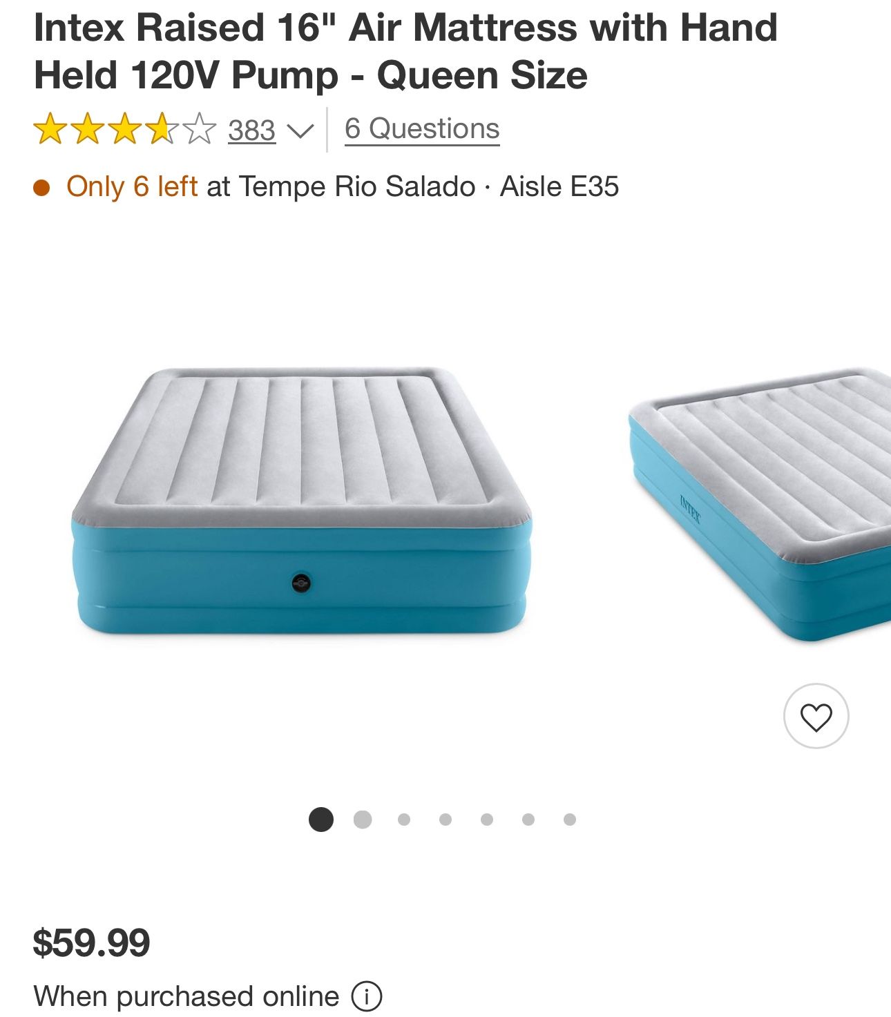 2 Intex Raised 16” Air Mattresses w/120v pump