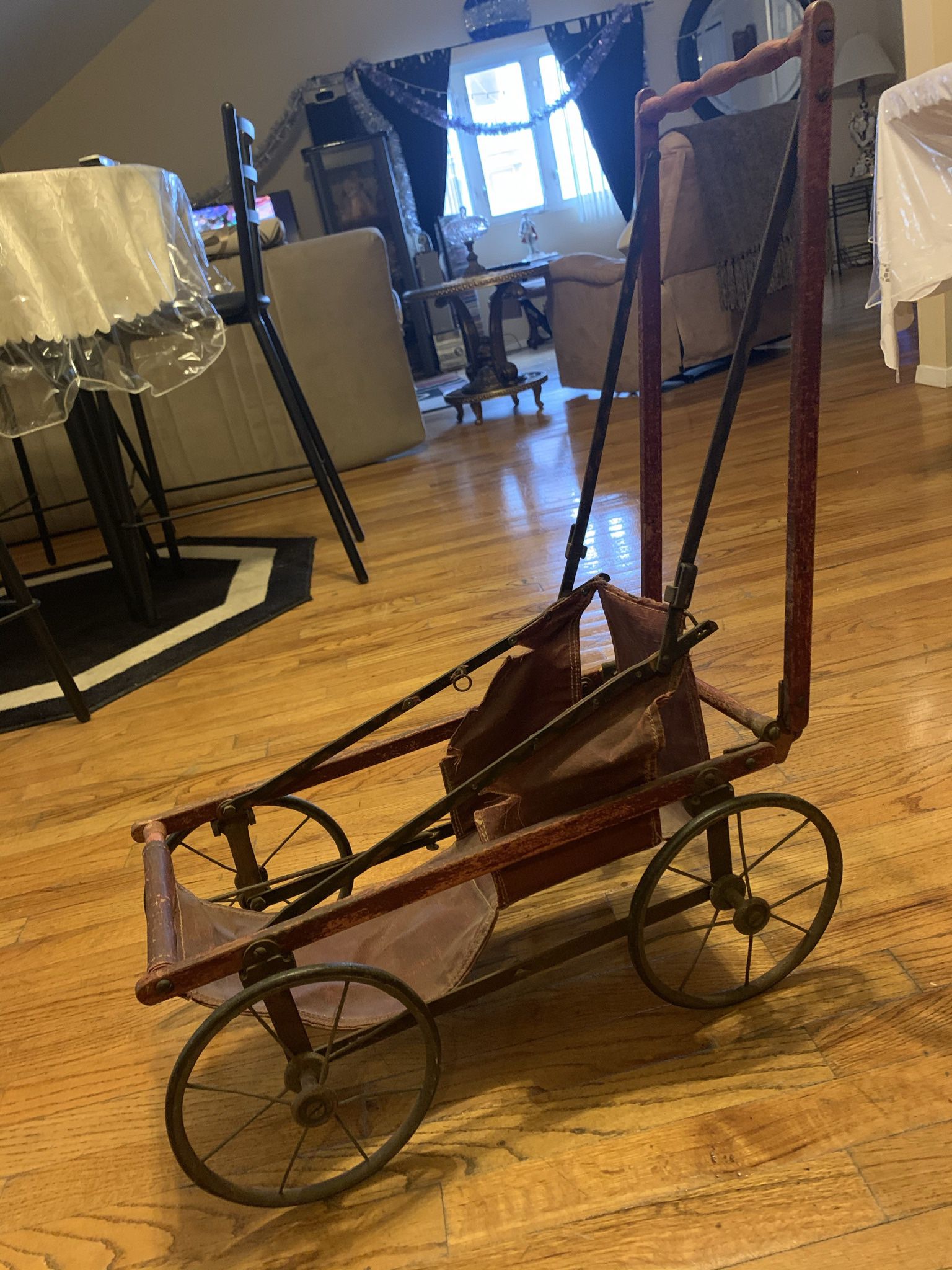 Antique Doll Stroller Vintage Wooden Carriage