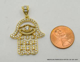 10K Yellow Gold Hamsa Hand Lucky Jewish Filigree Pendant with CZ