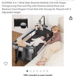 ELEMARA 4 in 1 Wide Baby Bassinet Bedside Crib with Diaper Changer,Long Pack and Play with Mattress,Sheet,Music and Blackout Cover,Playpen Travel Bed 