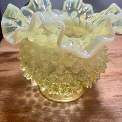Fenton Vaseline Hobnail Crimped Bowl