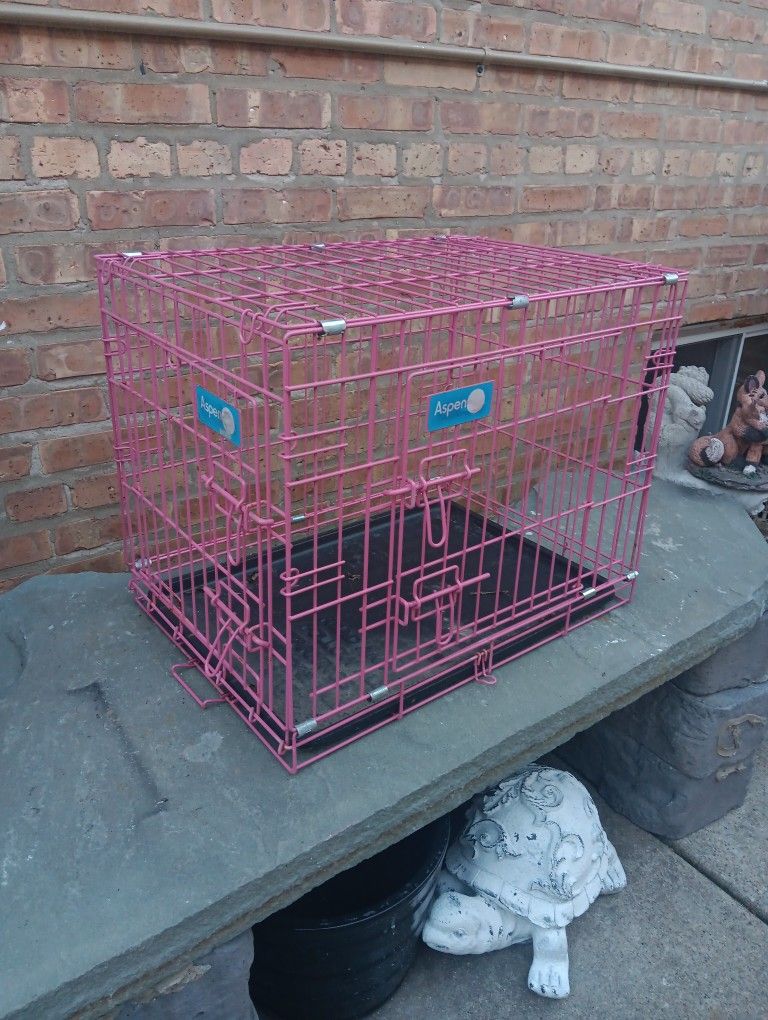 Pink Color Foldable Metal Dog Cage With Tray And 2 Doors